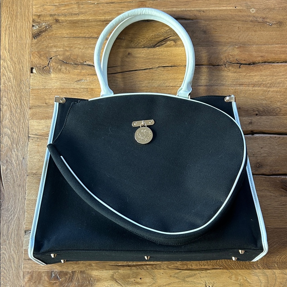 COURT COUTURE Vintage Karisa Canvas Tennis & Pickleball Bag (Black w White Trim)